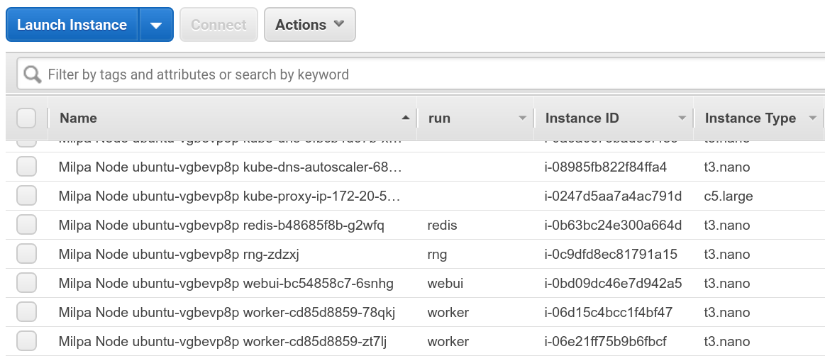 AWS console showing instances created by Milpa and Kiyot