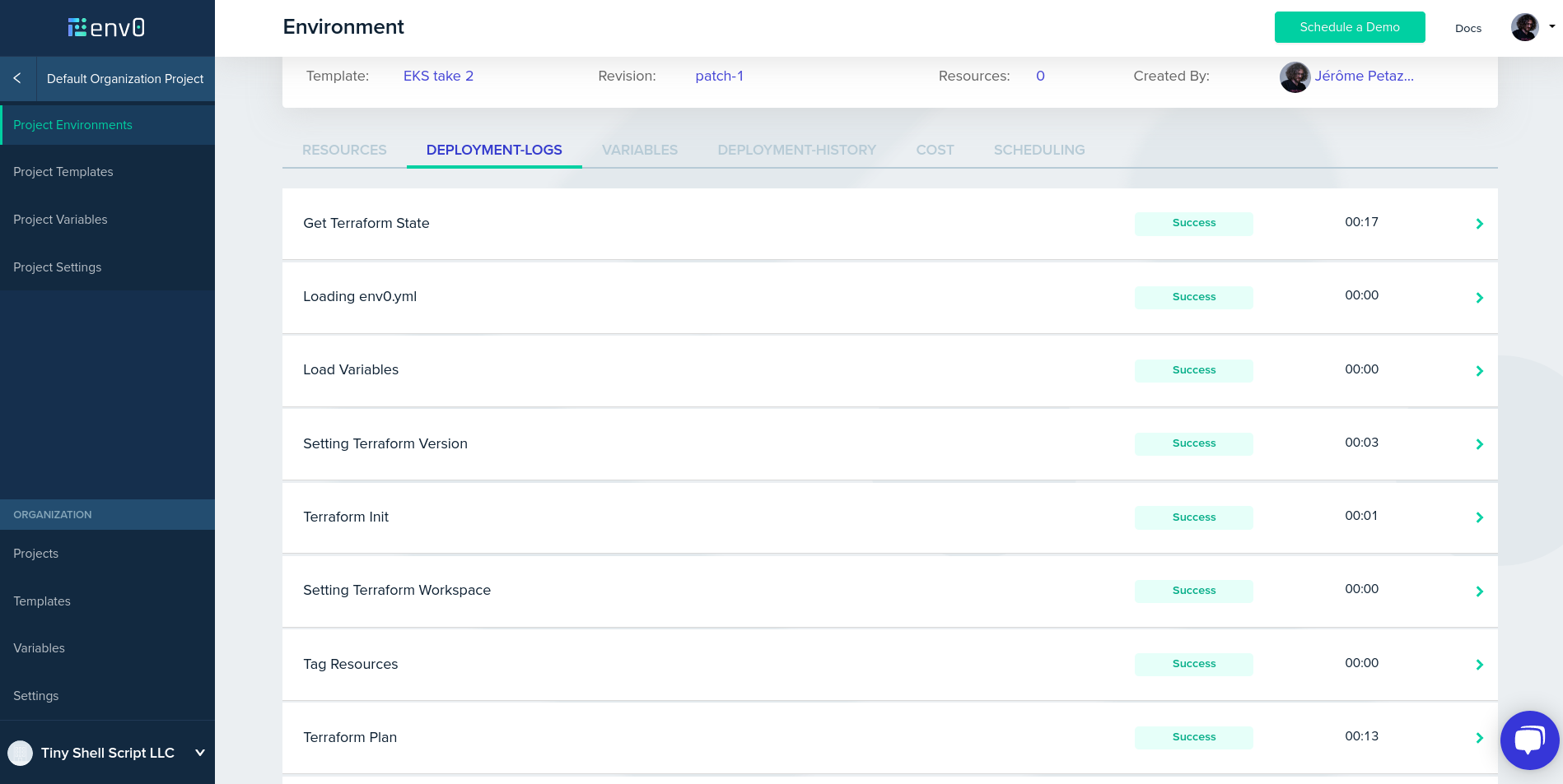 Screenshot of the deployment log