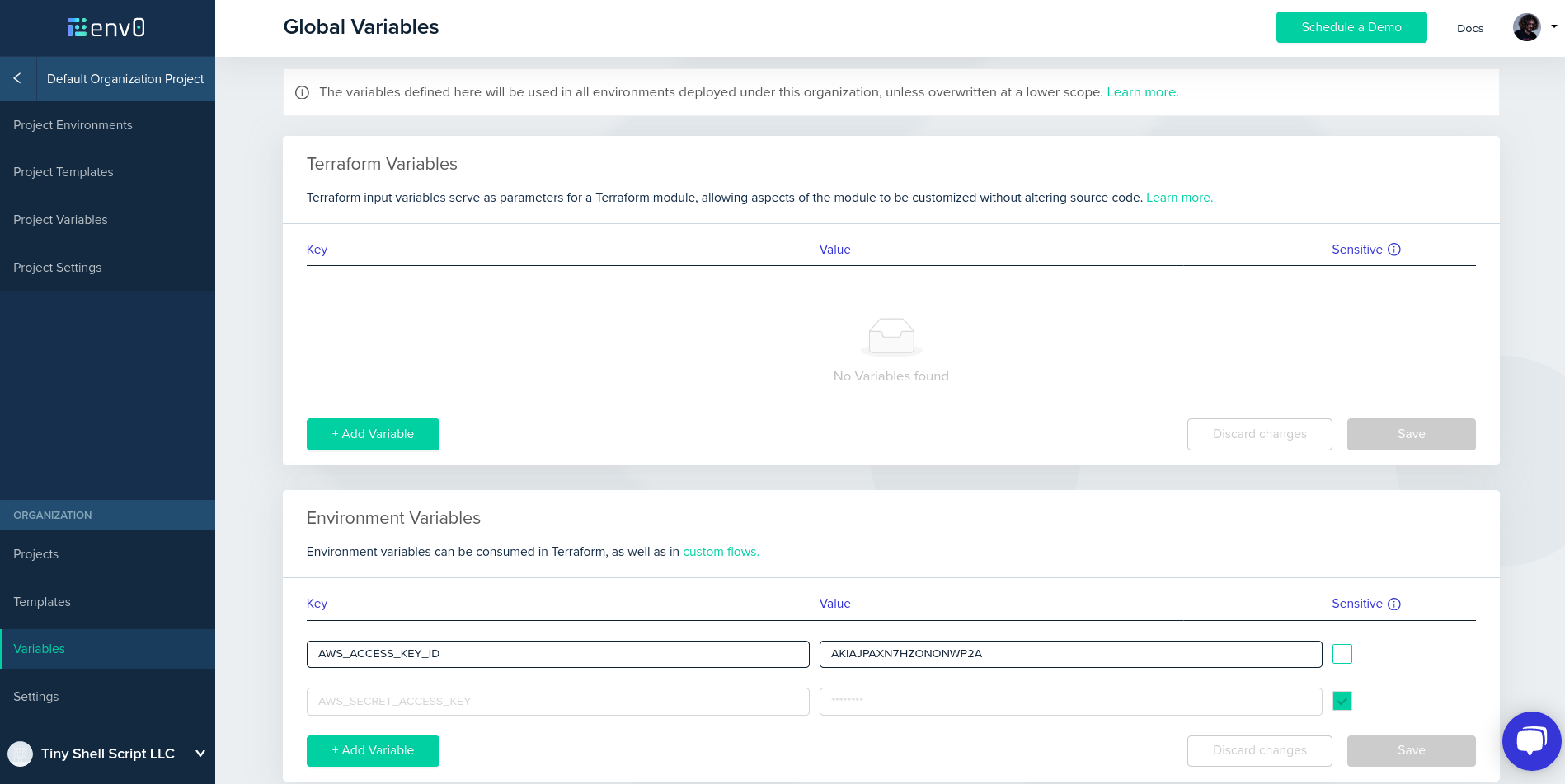 Screenshot of the "variables" configuration screen